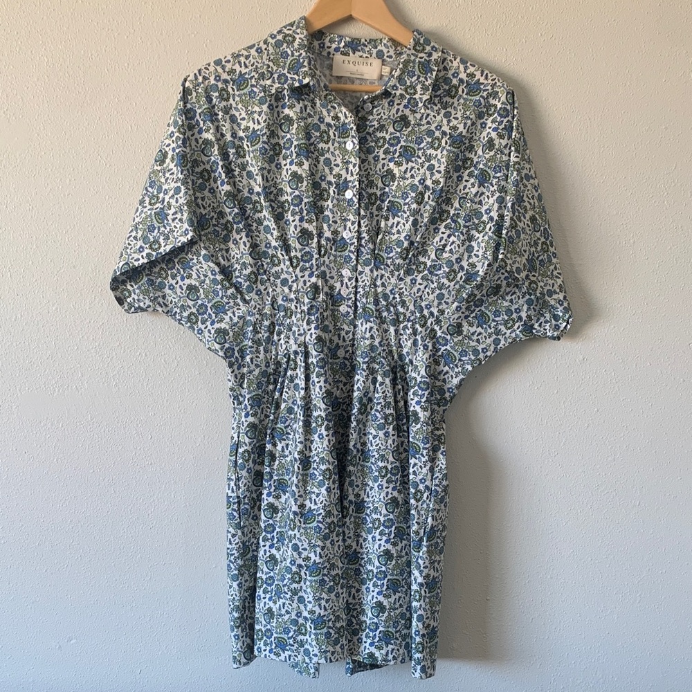 Anthropologie Exquise Floral Button-Front Dress in Blue & Green NWT